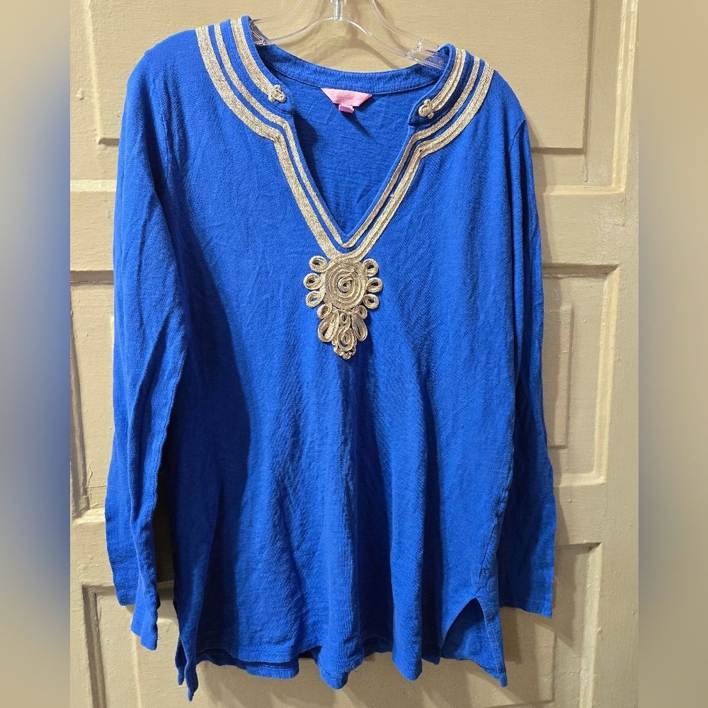 Lilly Pultizer Emerson Blue V-Neck Tunic Top Size: LARGE *Read Description*